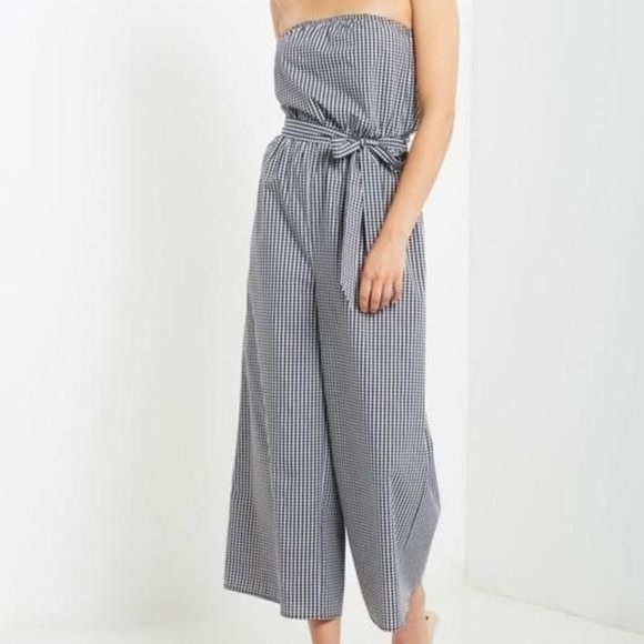 Kenar Gingham blue white checkered strapless jumpsuit waist tie  100% cotton XS - Picture 1 of 16